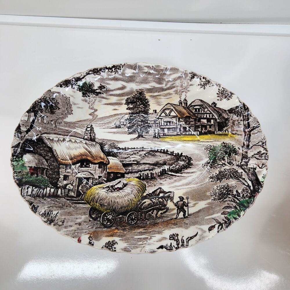 VTG Staffordshire Yorkshire Ironstone Oval Serving Bowl 9" Farm Scene Country